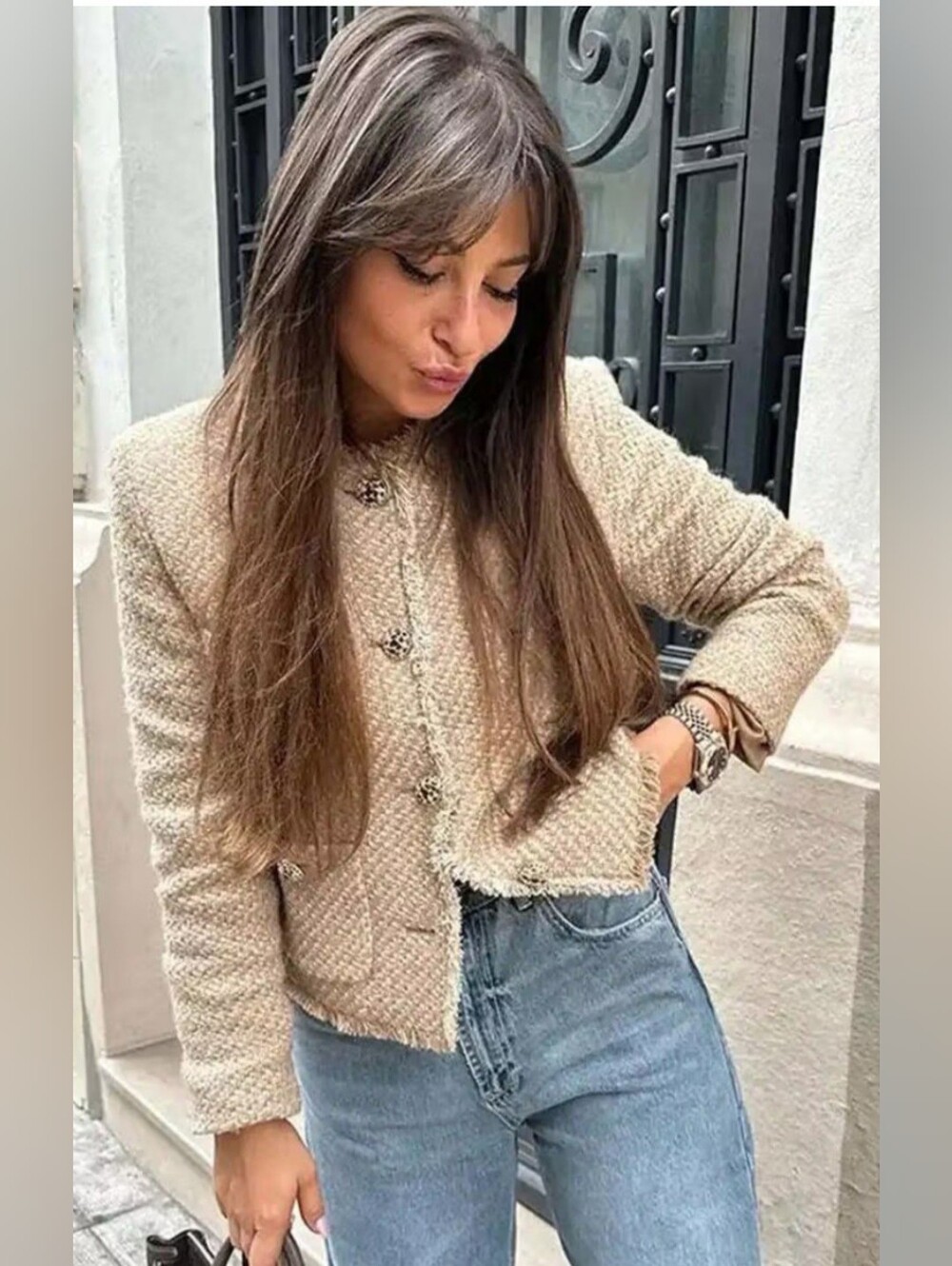 NWOT Textured Fringe Cropped Jacket in Tan - Picture 2 of 9